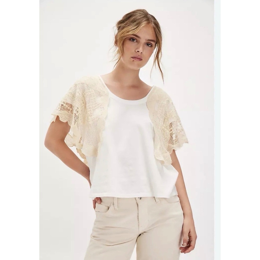 Free People Ivory Crochet Lace Shawl Overlay Tee OB2341090 Boho XS